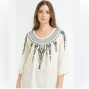 295 NWT Terre Bleue Cream Black Embroidered Boho Cottagecore Top XXL